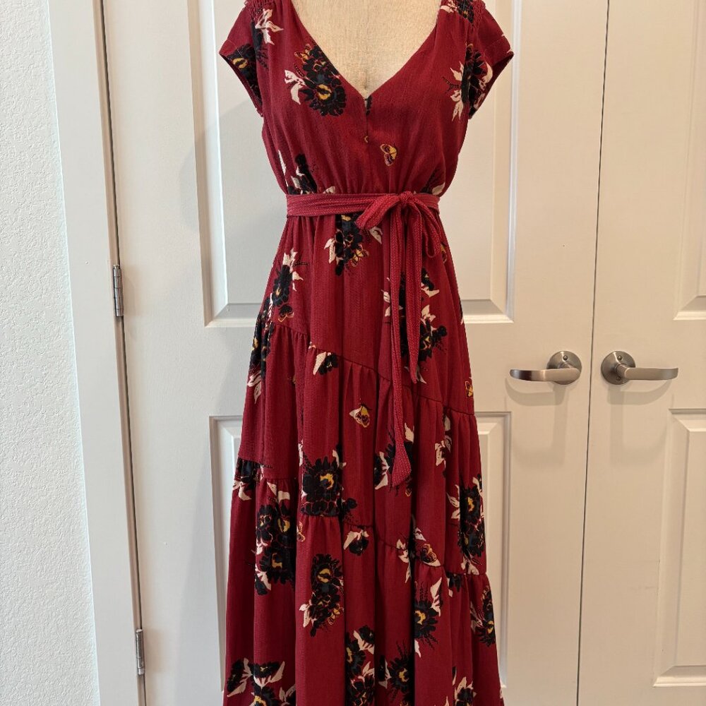 Free People Deep Red Printed Cap Sleeve Midi Dress Size : 0 (fits more like a 2)